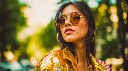 A woman wearing a gold sequined top and sunglasses looking to the side