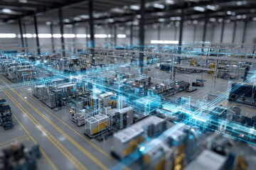 Futuristic factory floor with digital overlay showing smart manufacturing processes. An advanced manufacturing facility is visualized with glowing blue digital data streams connecting machinery.