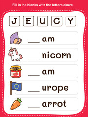 Fill in the Blanks Alphabet Exercise. Fun and Educational Worksheet for Preschool and Kindergarten Activities.
