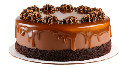 Homemade chocolate caramel ice cream cake with a spoon next transparent png background. Ai generated