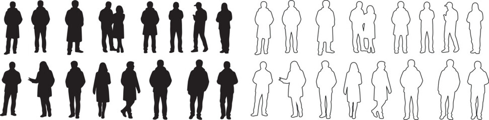 Set of diverse people silhouettes and outlines. Isolated vector for architectural plans and graphic design. isolated PNG with Transparent Background