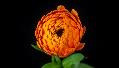 Close-up of a vibrant orange flower with layered petals, unfurling against a stark, dark backdrop