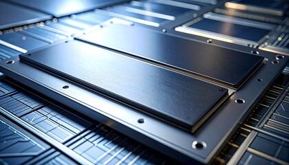 Close-up view of a futuristic metallic structure with rectangular panels and intricate circuitry, representing advanced technology and innovation