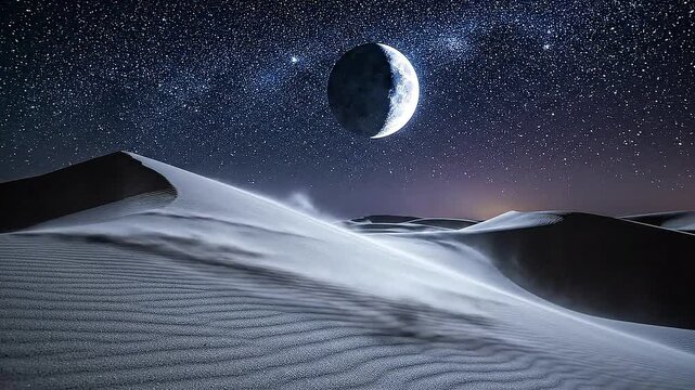 Ramadan desert night video background with starry sky, gentle wind movement on sand dunes, crescent moon glow, silent spiritual environment, cinematic holy month atmosphere, smooth looping scene