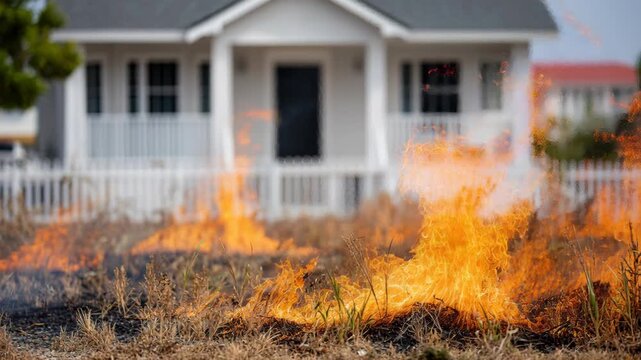 A brush fire burns dry grass intensely in front of a blurred residential house and picket fence.