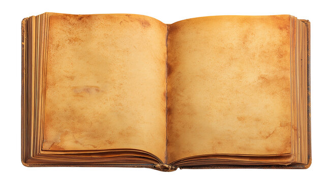 Old leatherbound book standing upright with visible spine texture and worn edges transparent png background. Ai generated