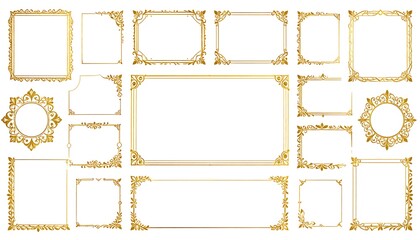 Collection of ornamental golden frames rectangles, circles, and unique shapes in a detailed, elegant, classical style