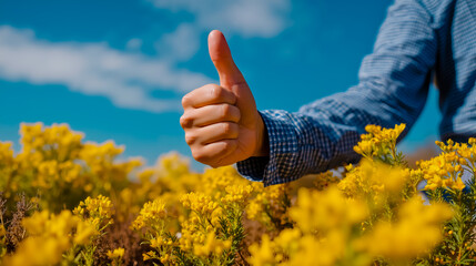 A person's hand giving a thumbs up gesture with a blue and white checkered shirt and yellow flowers in the background