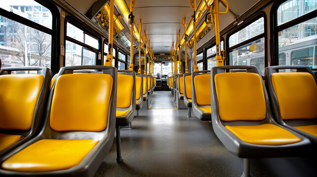 The interior of a public transit bus with rows of yellow seats and aisles viewed from the rear