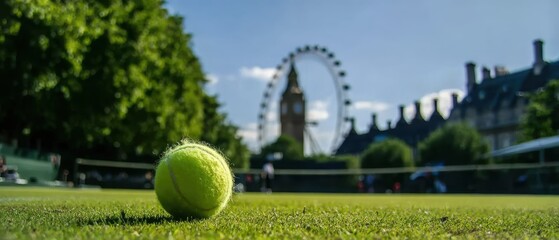 Tennis ball isolated on a grass court surface, ideal for sports equipment advertisements, athletic blog graphics, or summer activity promotions.