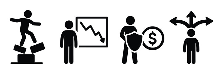Vector icon set of stick figures actively protecting money and finances. Illustrates concepts of financial security, guarding assets, insurance, and safe investment. Minimalist style on transparent ba