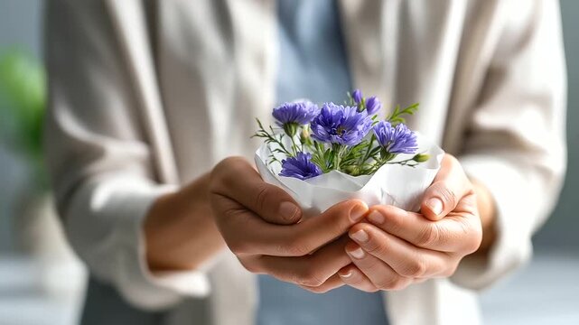 Faceless hands holding paper head with brain and flowers defocused self care background mental health concept positive thinking creative mind brain wellness psychological