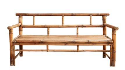 Rustic bamboo bench made from natural bamboo poles, unique craftsmanship and organic curves transparent png background. Ai generated