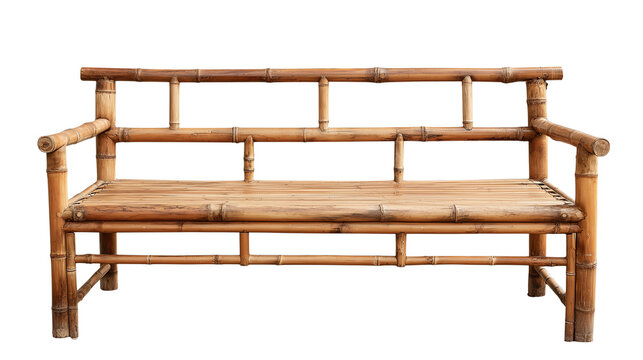 Rustic bamboo bench made from natural bamboo poles, unique craftsmanship and organic curves transparent png background. Ai generated