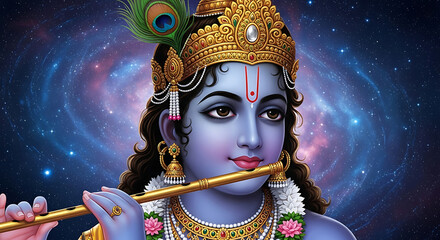 Blue skinned Krishna playing golden flute amidst starry galaxy