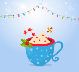Christmas mug with whipped cream and holly shining garland and snowflakes