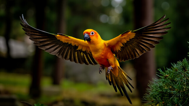 A vibrant yellow and orange parrot with a blue beak and black tips on its wings is flying in a forest