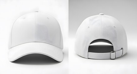 Crisp White Baseball Cap Mockup with Front and Back Views, Isolated on a Clean Background, Ideal for Customizable Apparel Design and Branding Presentations