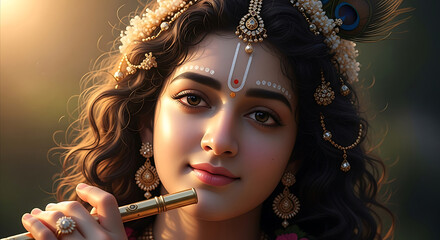 Young Krishna playing flute with ornate jewelry and peacock feather