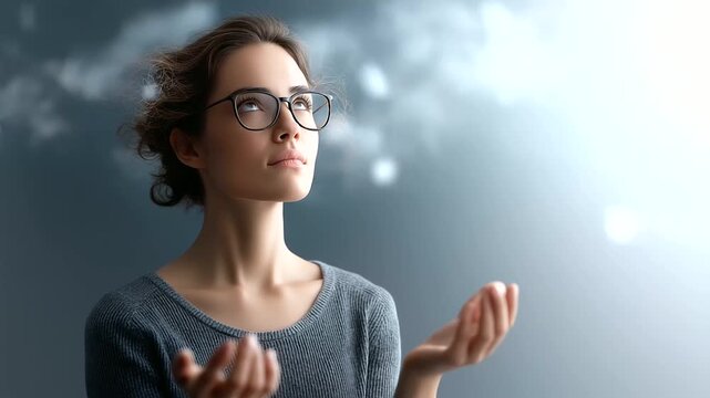 Faceless focused woman in glasses holding small object defocused chaos blurred background mental clarity concept stress management staying calm overwhelming environment