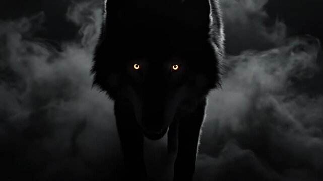 Eerie conceptual shot of a predatory wolf silhouette emerging menacingly from thick black fog with piercing bright eyes cinematic, power, thick