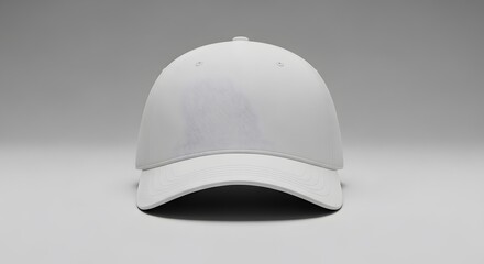 Front view studio shot of a blank white baseball cap, ideal for customizable branding mockups, apparel design, or as a clean accessory isolated on a light grey background