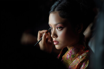 Obraz premium A girl is being made up by a make up artist, detailed eye and eyelash make up, with soft and elegant colors.