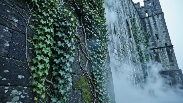Eerie ground-level shot of dense fog swirling slowly around the base of a high castle wall where thick green ivy vines aggressively climb the damp stone fantasy, isolated, fog