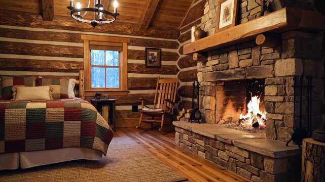 Cozy log cabin living room, stone fireplace crackling, patchwork quilt bed, wooden furnishings glow