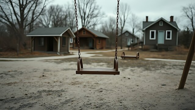 ppa. Empty playground swing moving in abandoned village under overcast sky. lifestyle magazines, social media lookbooks, designed for influencer and brand collaborations.