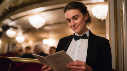 A theater steward guiding attendees to velvet-covered seats under dim chandelier lighting, program booklets in hand as the orchestra warms up — performing arts service, elegant venue experience,