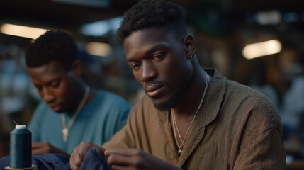 Artisans handcrafting garments in a bright workshop, natural light revealing ethical production practices centered on fair wages, safe working conditions, and traditional skills. cinematic color