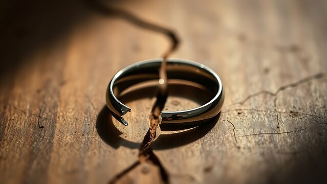 toroidal. A broken wedding ring lies on wood with a visible crack and side lighting. wellbeing guides, coaching materials, designed for coaching and self-improvement content, used by videographers.