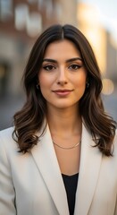 Obraz premium Confident Woman in White Blazer - A Portrait of Professionalism and Style.