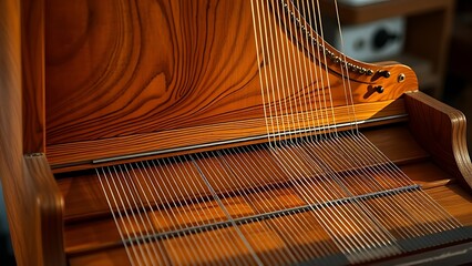 harpsichord. Opened harpsichord interior showing intricate wood grain and strings. event programs, museum guides, designed for cultural heritage projects and event programs, preserves heritage.