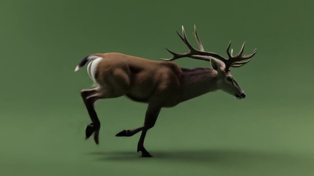 A deer with large antlers running at full speed across a green background in a side view shot deer green screen video