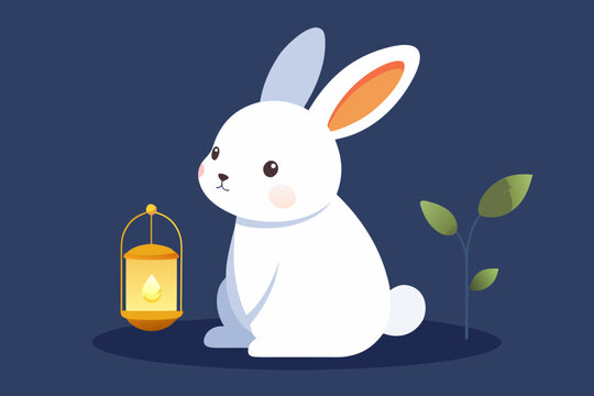 White bunny sitting by small lantern glowing warm yellow light