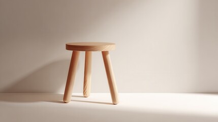 Minimalist wooden stool with three legs casting a soft shadow on a neutral background, showcasing simple design and natural texture