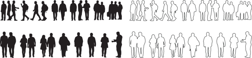 Obraz premium Set of diverse people silhouettes and outline figures for architectural plans and scale drawings isolated PNG with Transparent Background