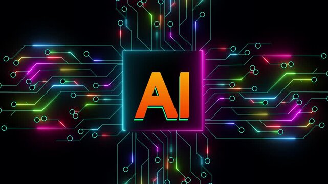 Futuristic isometric animation of an artificial intelligence microchip with intricate details. Visually engaging motion graphic showcasing digital processing, neural networks, advanced computing,