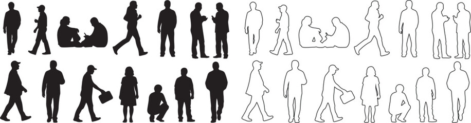 Collection of diverse vector people silhouettes and outline figures in various poses for design projects isolated PNG with Transparent Background