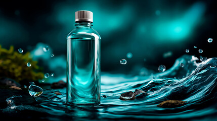 A bottle of water with a dropper surrounded by bubbles and rocks set against a dark blue background