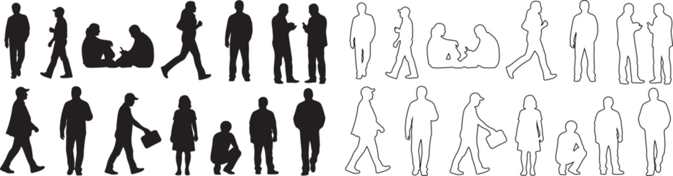 Collection of diverse vector people silhouettes and outline figures in various poses for design projects isolated PNG with Transparent Background