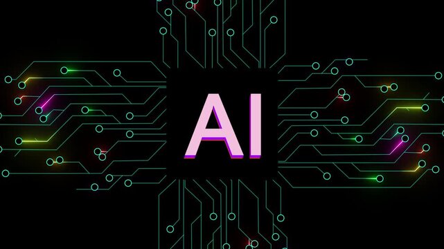 Futuristic isometric animation of an artificial intelligence microchip with intricate details. Visually engaging motion graphic showcasing digital processing, neural networks, advanced computing,
