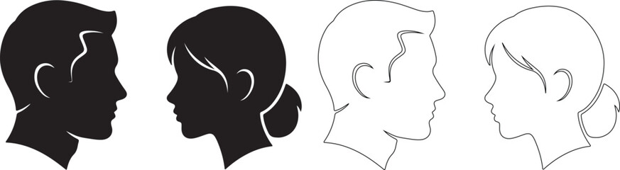 Male and Female Head Profile Silhouettes and Outline Icons Vector Set isolated PNG with Transparent Background