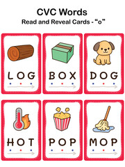 CVC Word Flashcards for Kids &ndash; Short Vowel O, Early Reading and Phonics Learning. Educational Worksheet.