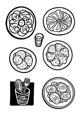 Rustic hand-drawn sketch set of various appetizer plates, food arrangement, cutlery, and a shot glass, vintage textured print style for menu or packaging