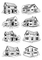 Hand-Drawn Collection of Suburban Residential Houses (Sketch Line Art)