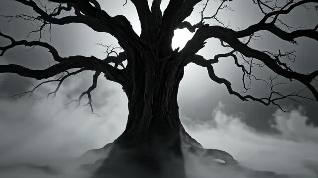 Eerie, monochromatic abstract scene of a dark, spectral bare tree enveloped in heavy, swirling ground fog on a windless, silent morning symbolizing decay and mystery enveloped, twisted, morning