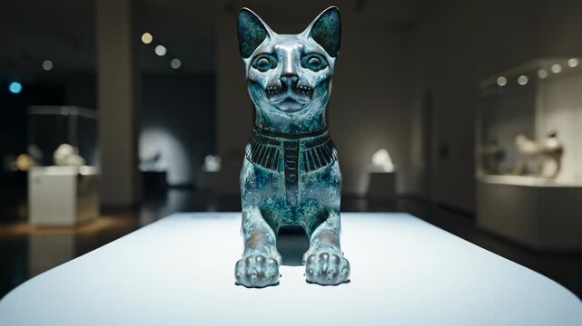 Eerie, slow dolly zoom perspective shift focused on the bronze cat artifact on a high white podium against a soft slightly blurred background environment sculpture, display, focused